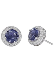 18K White Round 38 Pts. Diamond Studs & 2 Cts Iolite Centers