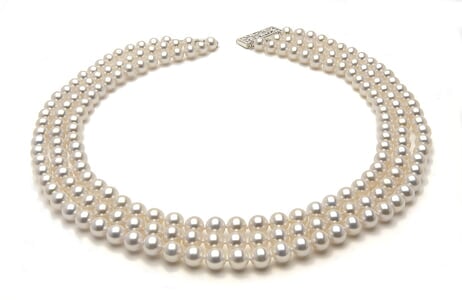 7.5 x 8mm White Freshwater Pearl Necklace Triple Strand